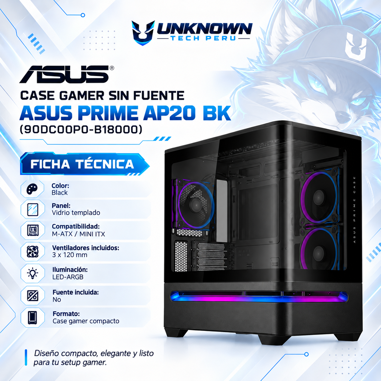 CASE GAMER SIN FUENTE ASUS PRIME AP202 BK ( 90DC00P0-B18000 ) | BLACK | VIDRIO TEMPLADO CURVO | M-ATX / MINI-ITX | 2 FAN 120MM ARGB LATERAL + 1 FAN 120MM ARGB TRASERO | AIO 360MM SUPERIOR | LED-ARGB