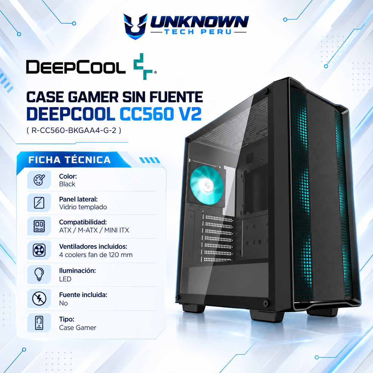 CASE GAMER SIN FUENTE DEEPCOOL CC560 V2 ( R-CC560-BKGAA4-G-2 ) | BLACK | VIDRIO TEMPLADO | ATX / M-ATX / MINI-ITX | 4 FAN 120MM LED | AIO 360MM FRONTAL / 240MM SUPERIOR | LED
