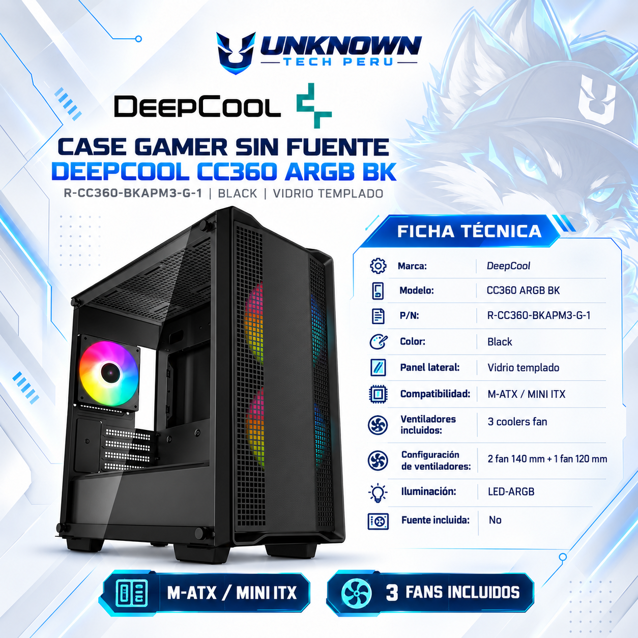 CASE GAMER SIN FUENTE DEEPCOOL CC360 ARGB BK ( R-CC360-BKAPM3-G-1 ) | BLACK | VIDRIO TEMPLADO | M-ATX / MINI-ITX | 3 FAN 120MM ARGB | AIO 360MM FRONTAL / 240MM SUPERIOR | LED-ARGB