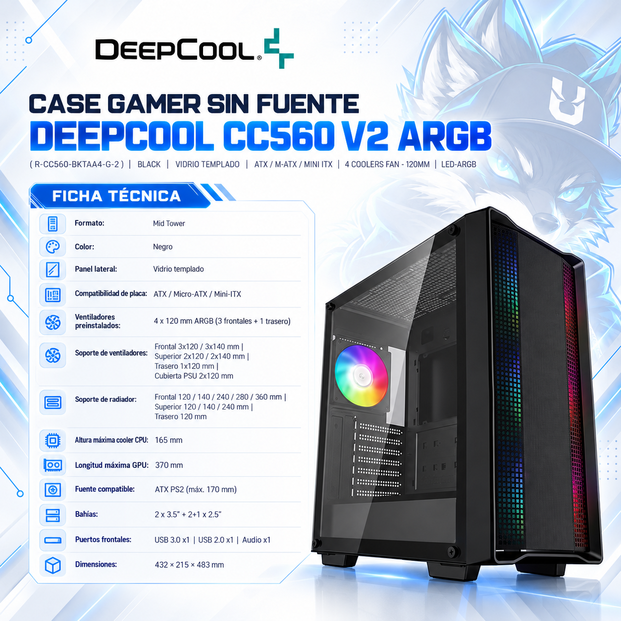 CASE GAMER SIN FUENTE DEEPCOOL CC560 V2 ARGB ( R-CC560-BKTAA4-G-2 ) | BLACK | VIDRIO TEMPLADO | ATX / M-ATX / MINI-ITX | 4 FAN 120MM ARGB PWM | AIO 360MM FRONTAL / 240MM SUPERIOR | LED-ARGB