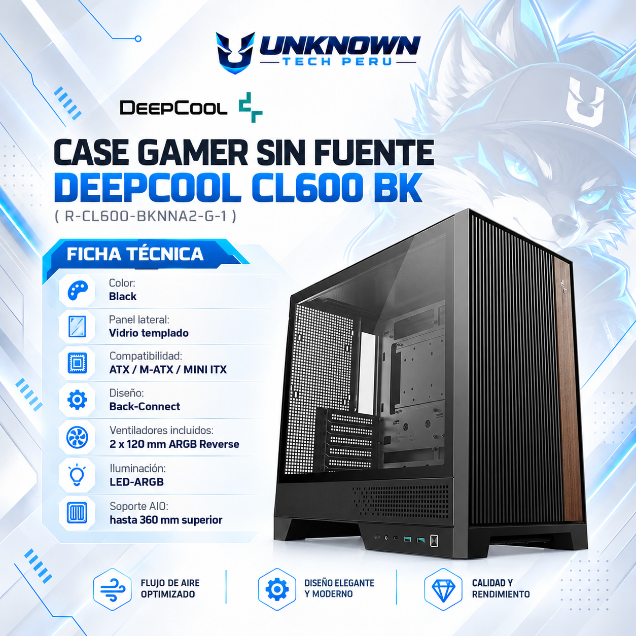 CASE GAMER SIN FUENTE DEEPCOOL CL600 BK ( R-CL600-BKNNA2-G-1 ) | BLACK | VIDRIO TEMPLADO | ATX / M-ATX / MINI ITX | BACK-CONNECT | 2 FAN 120MM ARGB REVERSE | AIO 360MM SUPERIOR | LED-ARGB