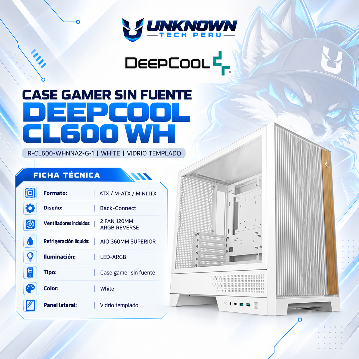 CASE GAMER SIN FUENTE DEEPCOOL CL600 WH (  R-CL600-WHNNA2-G-1 ) | WHITE | VIDRIO TEMPLADO | ATX / M-ATX / MINI ITX | BACK-CONNECT | 2 FAN 120MM ARGB REVERSE | AIO 360MM SUPERIOR | LED-ARGB